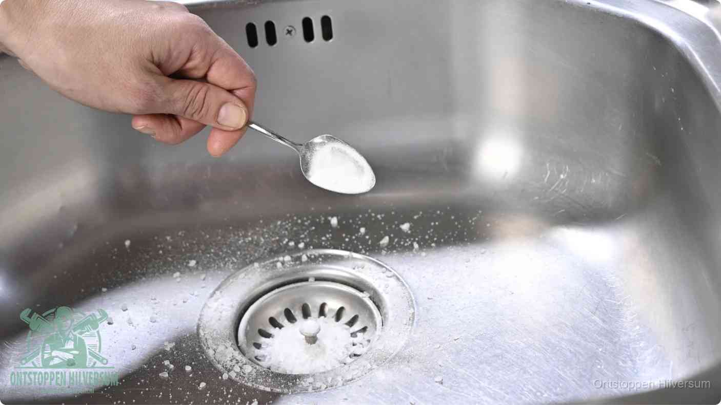 Een hand strooit met een lepel soda in de afvoer van een roestvrijstalen spoelbak, de soda en azijn huismiddel-methode om de afvoer te ontstoppen in Hilversum