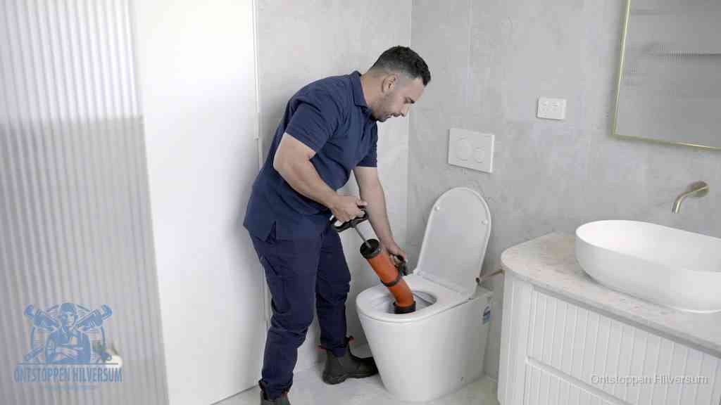 Een monteur buigt over een wandcloset en duwt met de hand een persluchtontstopper in de toiletpot om de verstopping handmatig los te maken in Hilversum