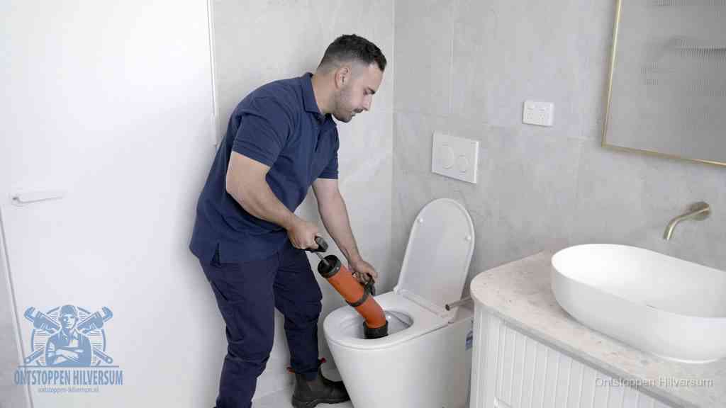Een monteur gebruikt een handmatige perspomp (toiletontstopper) op een wandcloset tijdens het professioneel wc ontstoppen in Hilversum