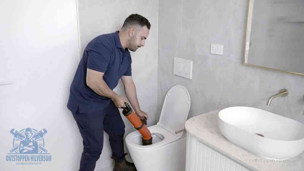 Een man gebruikt een handmatige luchtdruk-ontstopper in een modern betegeld toilet om zelf de wc te ontstoppen in Hilversum